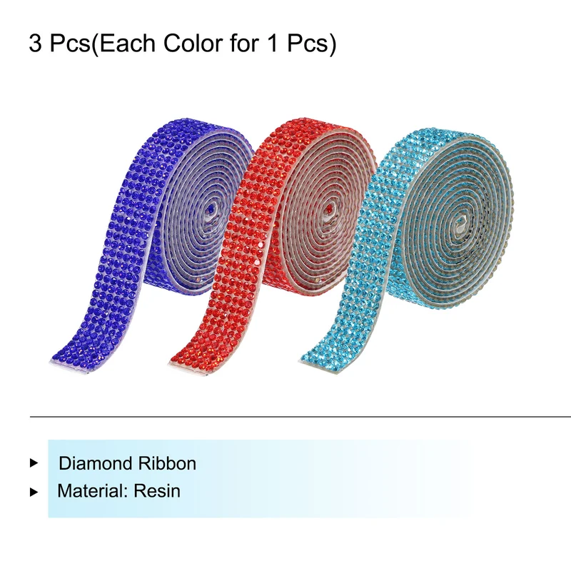 3Roll 1 Yard 8mm Self Adhesive Crystal Ribbon Red,Dark Blue,Lake Blue