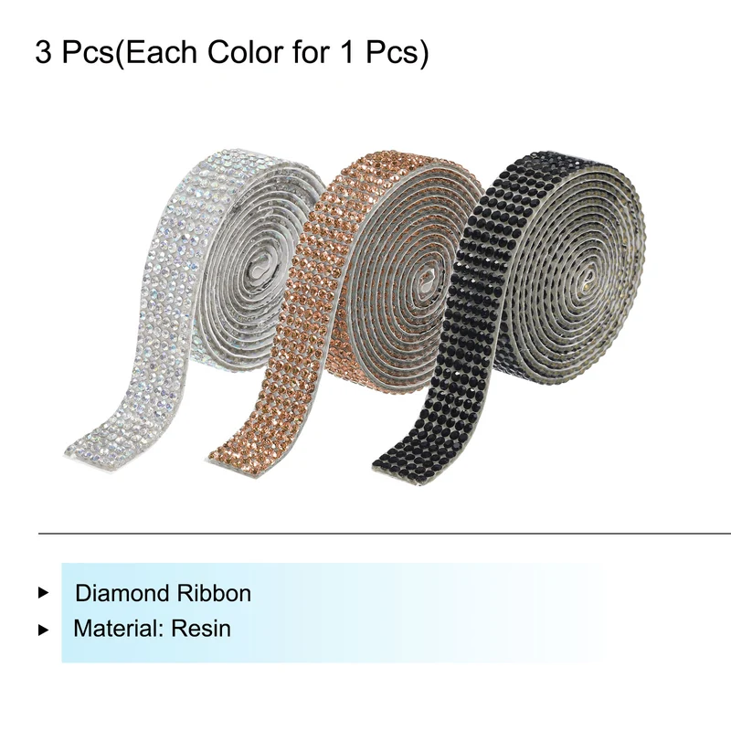 3Roll 1 Yard 8mm Self Adhesive Crystal Ribbon White,Champagne,Black