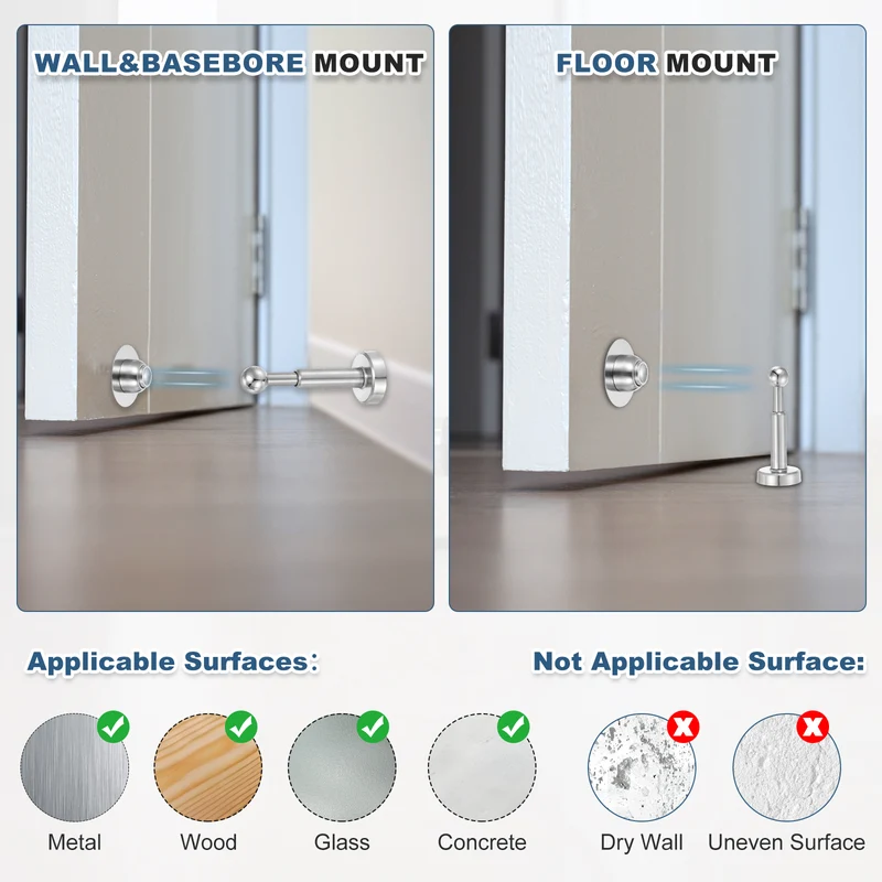 5.1" Magnetic Door Stoppers, Adjustable Door Stops Bumper, Silver