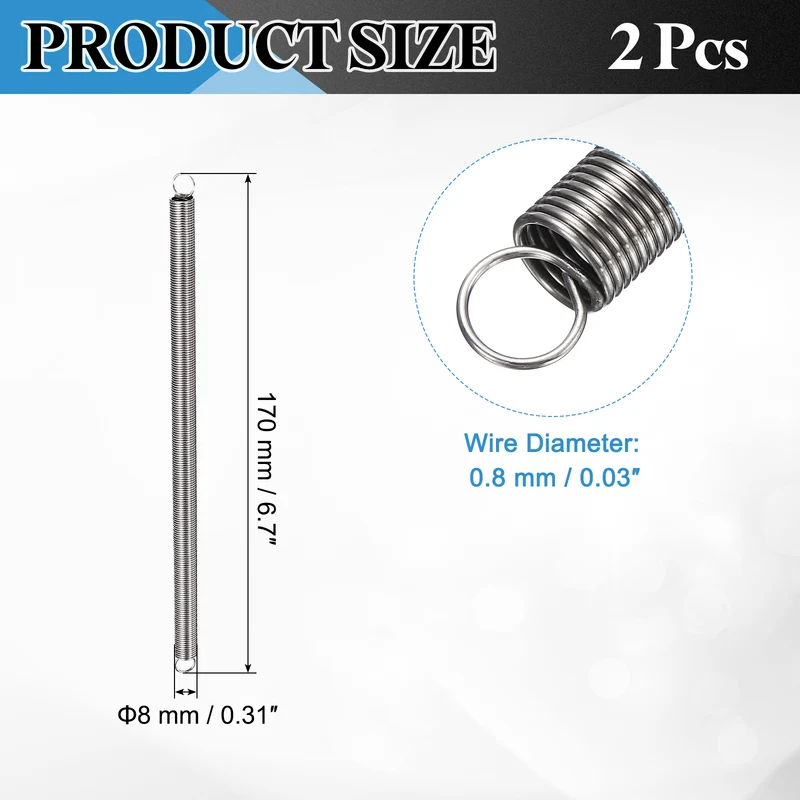 Extension Spring 2pcs Wire Dia 0.03" OD 0.31" Free Length 6.7"