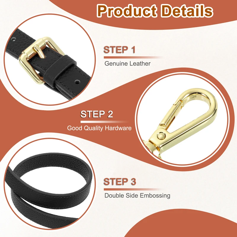 1" Genuine Leather Purse Strap for Bag (Black, Gold Buckle)