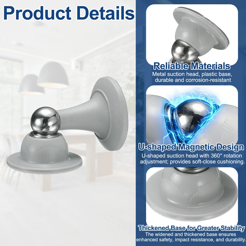 2Pcs 3" Magnetic Door Stoppers, Magnetic Door Catch with Adhesive, Gray