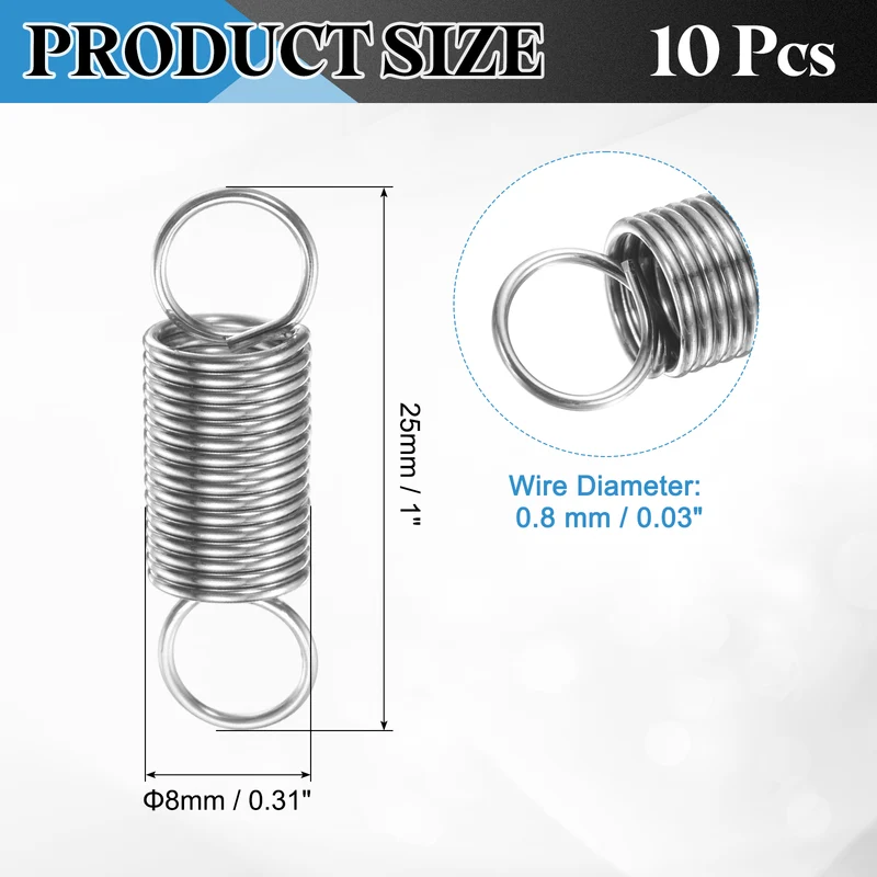 Extension Spring, 10pcs Wire Diameter 0.03", OD 0.31", Free Length 1", Silver
