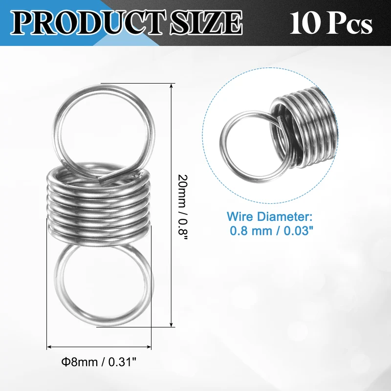 Extension Spring, 10pcs Wire Diameter 0.03", OD 0.31", Free Length 0.8", Silver