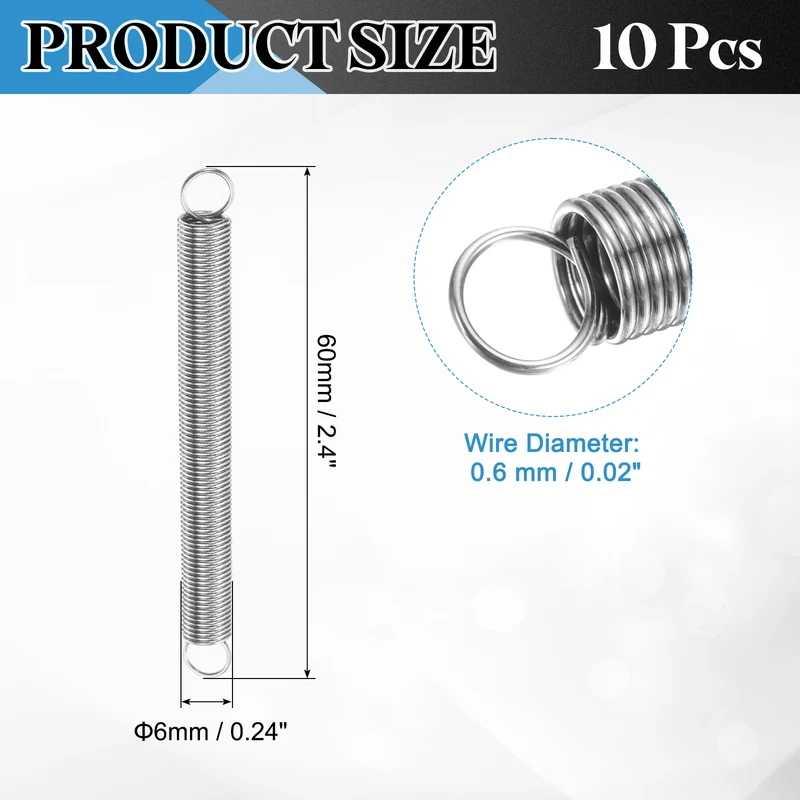 Extension Spring, 10pcs Wire Diameter 0.02", OD 0.24", Free Length 2.4", Silver