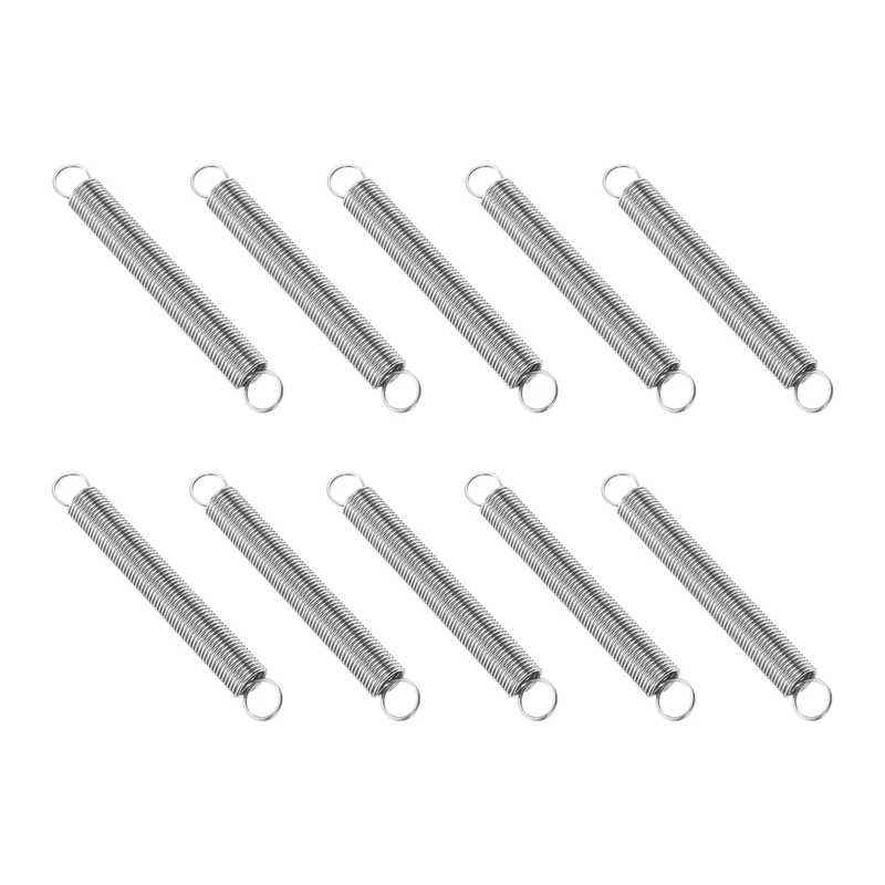 Extension Spring, 10pcs Wire Diameter 0.02", OD 0.24", Free Length 2", Silver