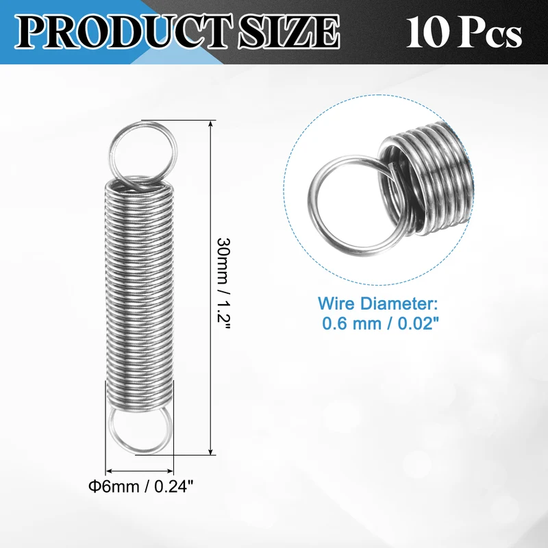 Extension Spring, 10pcs Wire Diameter 0.02", OD 0.24", Free Length 1.2", Silver