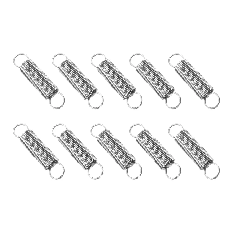 Extension Spring, 10pcs Wire Diameter 0.02", OD 0.24", Free Length 1", Silver