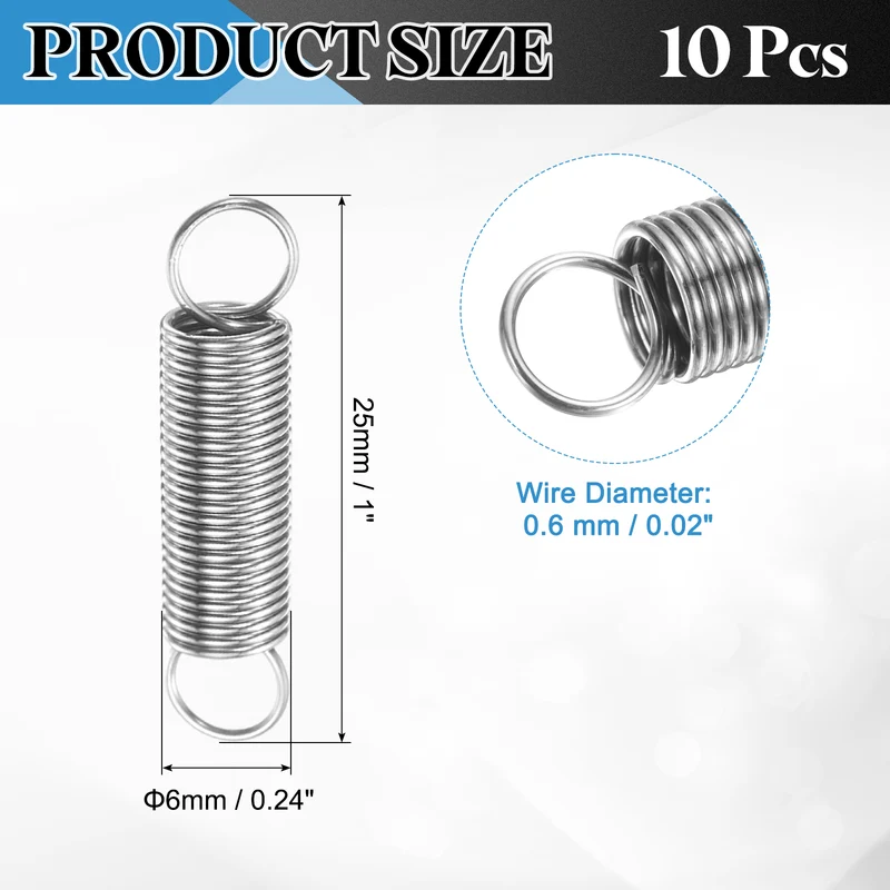Extension Spring, 10pcs Wire Diameter 0.02", OD 0.24", Free Length 1", Silver