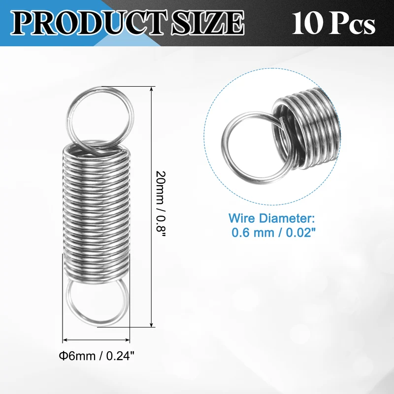 Extension Spring, 10pcs Wire Diameter 0.02", OD 0.24", Free Length 0.8", Silver