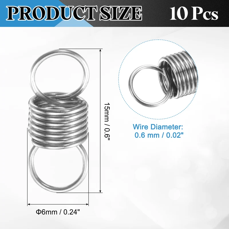 Extension Spring, 10pcs Wire Diameter 0.02", OD 0.24", Free Length 0.6", Silver