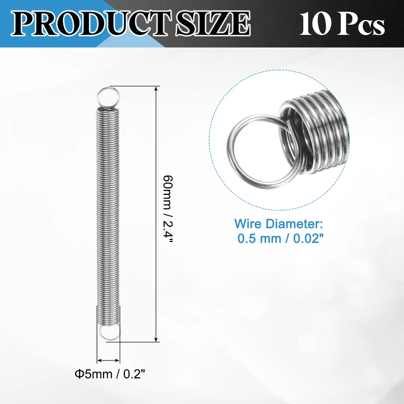 Extension Spring, 10pcs Wire Diameter 0.02", OD 0.2", Free Length 2.4", Silver