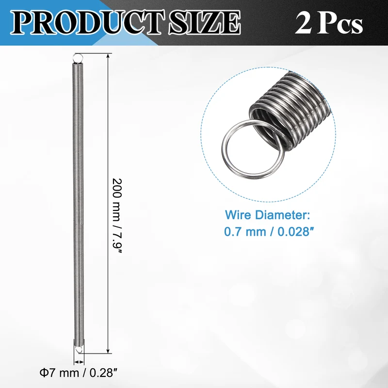 Extension Spring 2pcs Wire Dia 0.028" OD 0.28" Free Length 7.9"