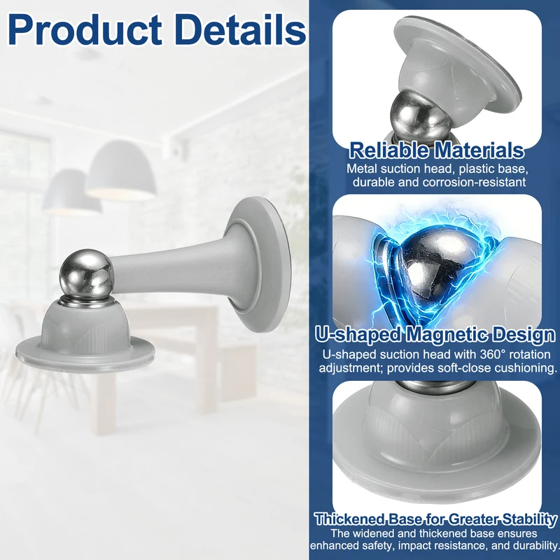 2Pcs 3.8" Magnetic Door Stoppers, Magnetic Door Catch with Adhesive, Gray