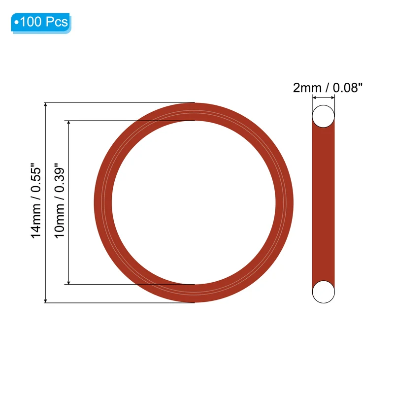100Pcs Silicone O-Ring 14mm OD 10mm ID 2mm Width VMQ Sealing Gasket, Red