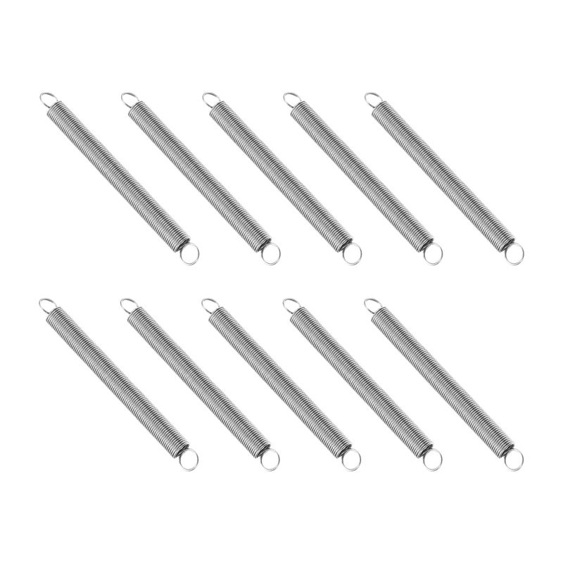 Extension Spring, 10pcs Wire Diameter 0.02", OD 0.2", Free Length 2", Silver