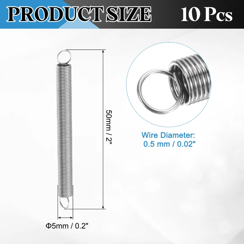 Extension Spring, 10pcs Wire Diameter 0.02", OD 0.2", Free Length 2", Silver