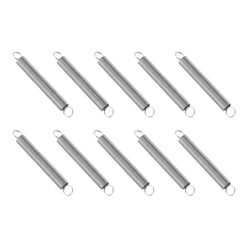 Extension Spring, 10pcs Wire Diameter 0.02", OD 0.2", Free Length 1.6", Silver