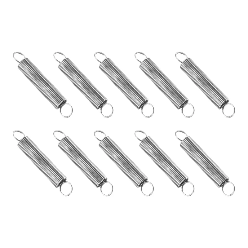 Extension Spring, 10pcs Wire Diameter 0.02", OD 0.2", Free Length 1.2", Silver