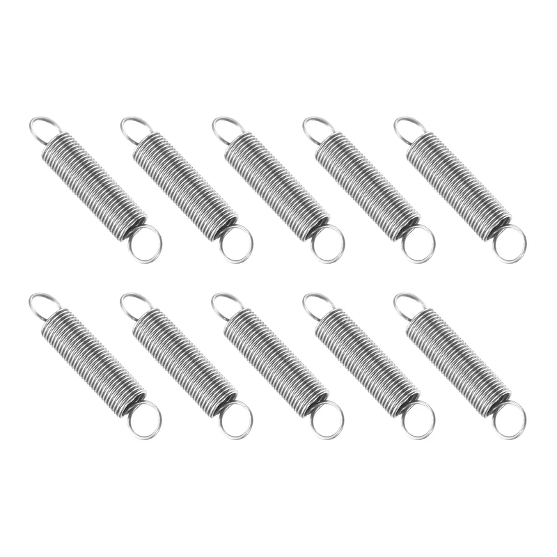 Extension Spring, 10pcs Wire Diameter 0.02", OD 0.2", Free Length 1", Silver
