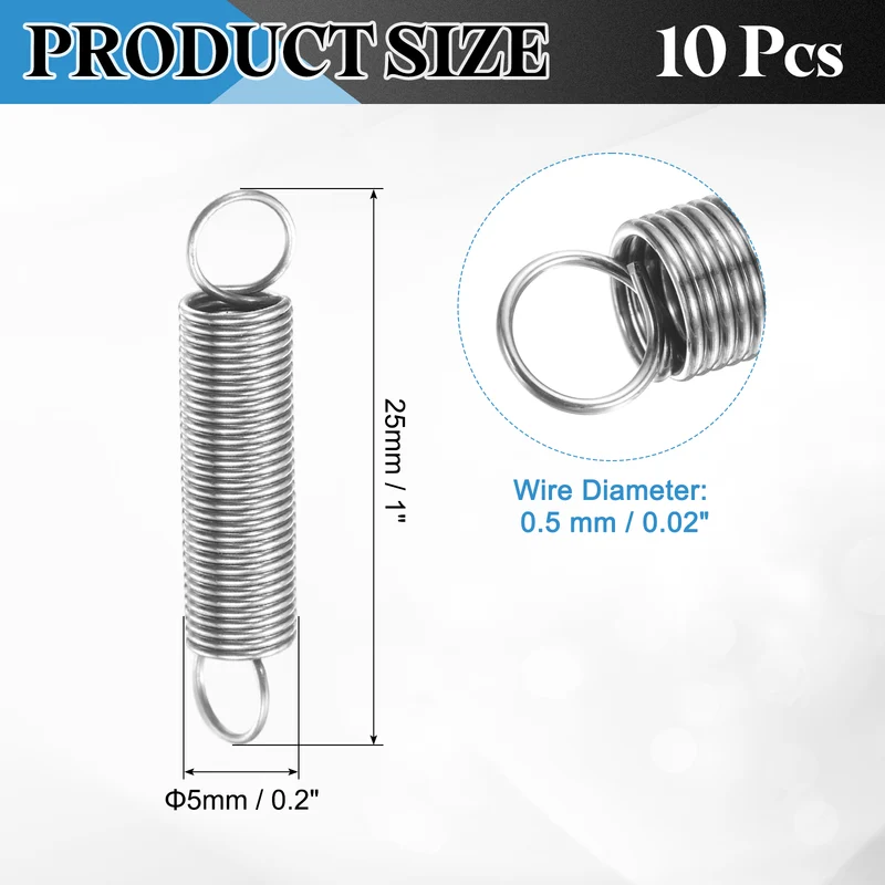 Extension Spring, 10pcs Wire Diameter 0.02", OD 0.2", Free Length 1", Silver