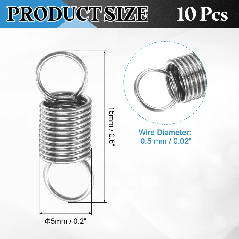 Extension Spring, 10pcs Wire Diameter 0.02", OD 0.2", Free Length 0.6", Silver