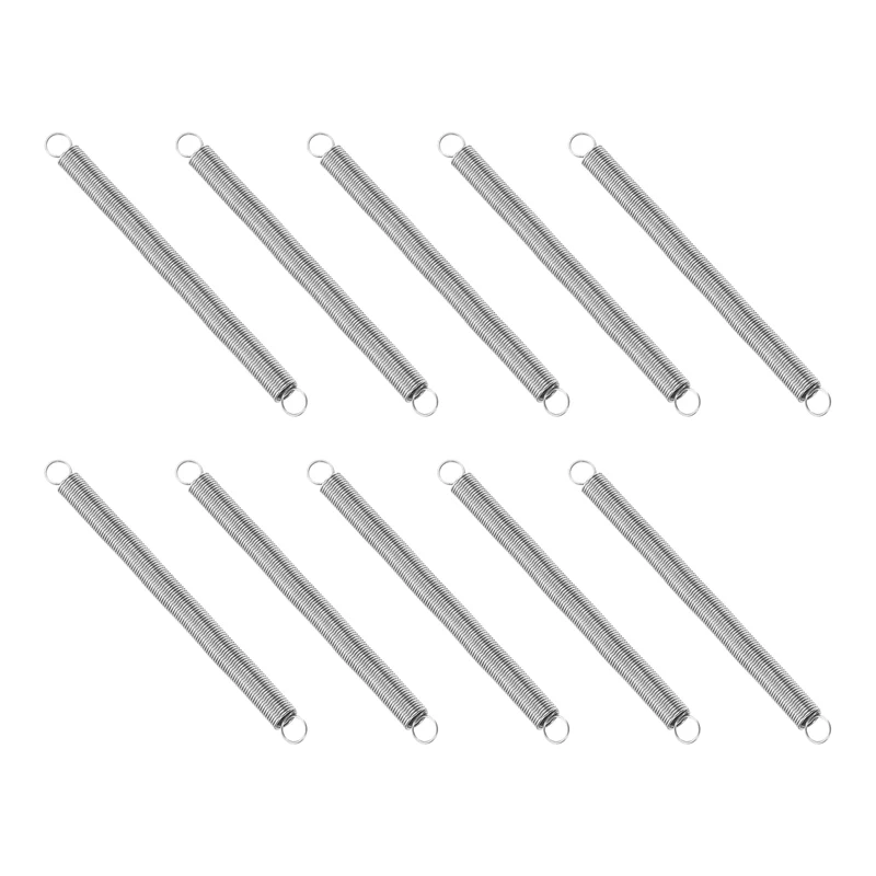 Extension Spring, 10pcs Wire Diameter 0.02", OD 0.16", Free Length 2", Silver