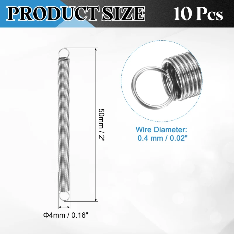 Extension Spring, 10pcs Wire Diameter 0.02", OD 0.16", Free Length 2", Silver