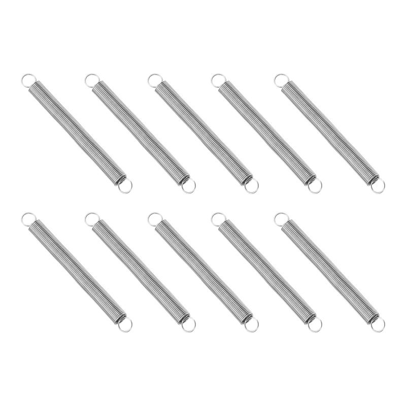 Extension Spring, 10pcs Wire Diameter 0.02", OD 0.16", Free Length 1.6", Silver