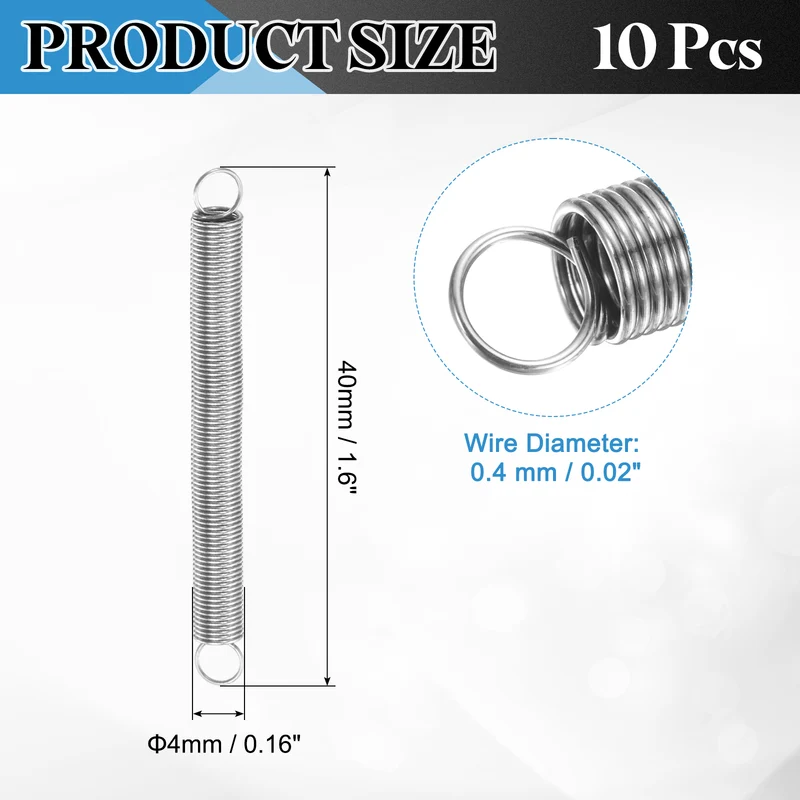 Extension Spring, 10pcs Wire Diameter 0.02", OD 0.16", Free Length 1.6", Silver