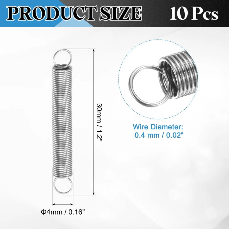 Extension Spring, 10pcs Wire Diameter 0.02", OD 0.16", Free Length 1.2", Silver