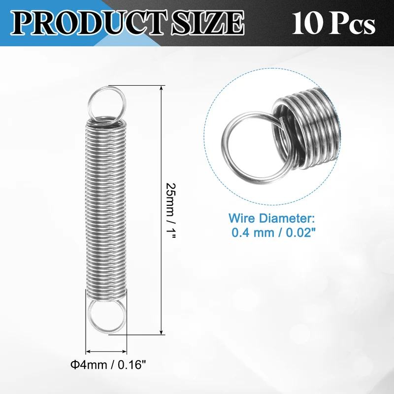 Extension Spring, 10pcs Wire Diameter 0.02", OD 0.16", Free Length 1", Silver