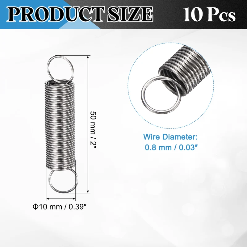 Extension Spring 10pcs Wire Dia 0.03" OD 0.39" Free Length 2"