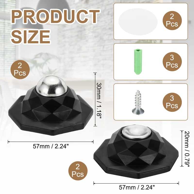 2PCS Magnetic Door Holder, Magnetic Door Catch with Adhesive Screws, Gloss Black