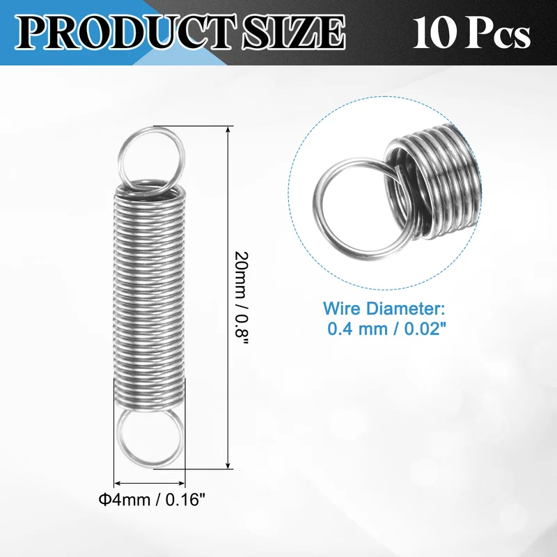 Extension Spring, 10pcs Wire Diameter 0.02", OD 0.16", Free Length 0.8", Silver