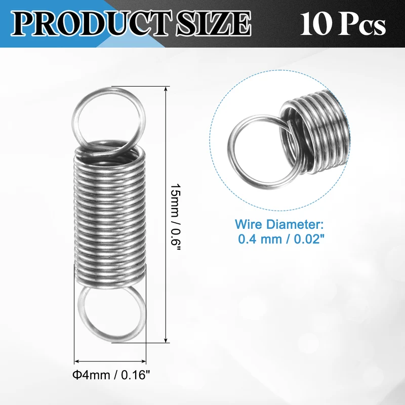 Extension Spring, 10pcs Wire Diameter 0.02", OD 0.16", Free Length 0.6", Silver