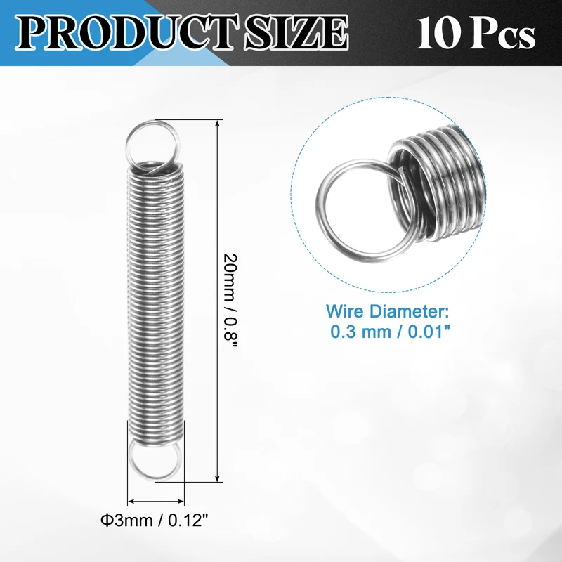 Extension Spring, 10pcs Wire Diameter 0.01", OD 0.12", Free Length 0.8", Silver