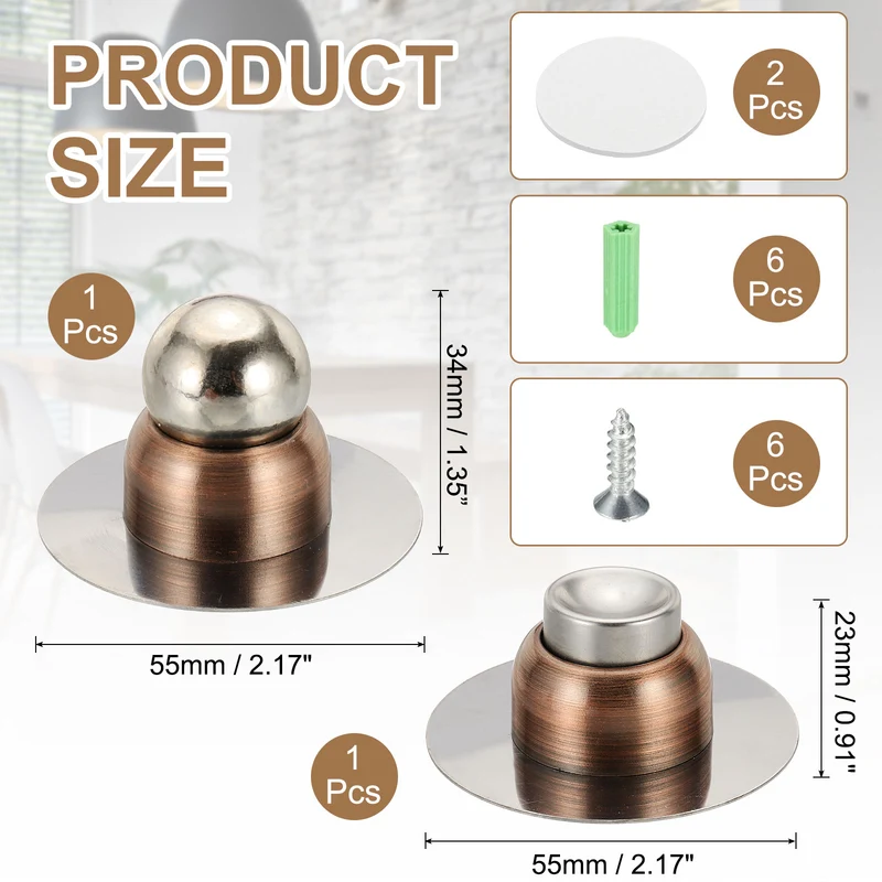 2.1" Magnetic Door Stoppers, Wall Floor Mounted Door Catch Holder, Copper