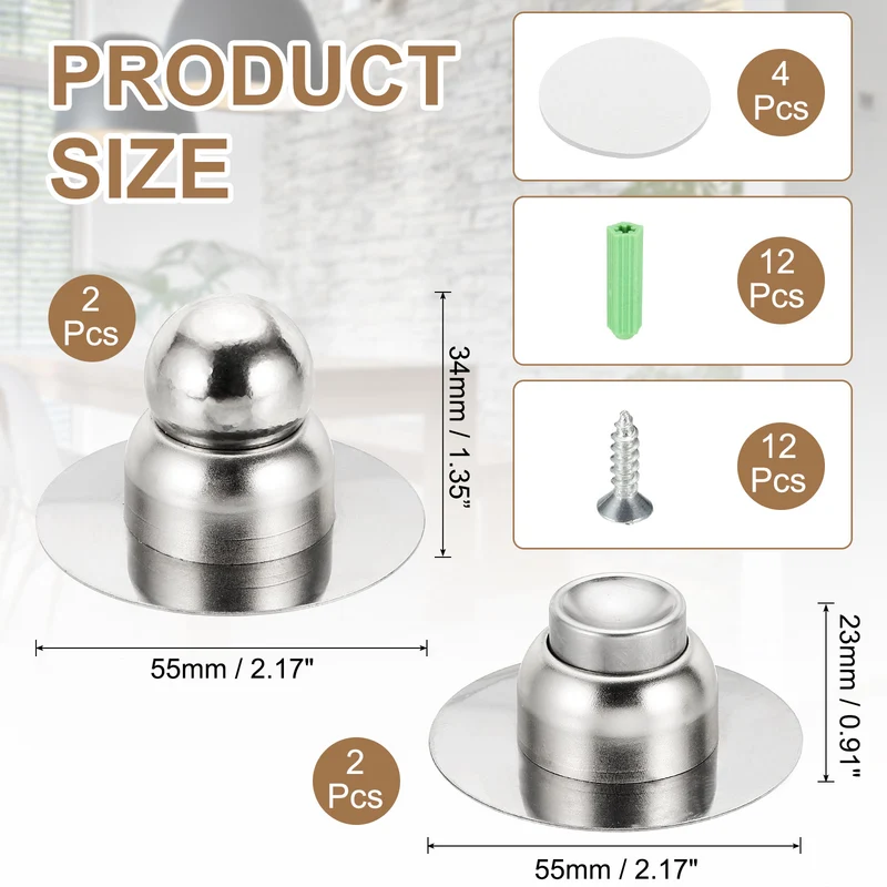 2PCS 2.1" Magnetic Door Stoppers, Wall Floor Mounted Door Catch Holder, Silver