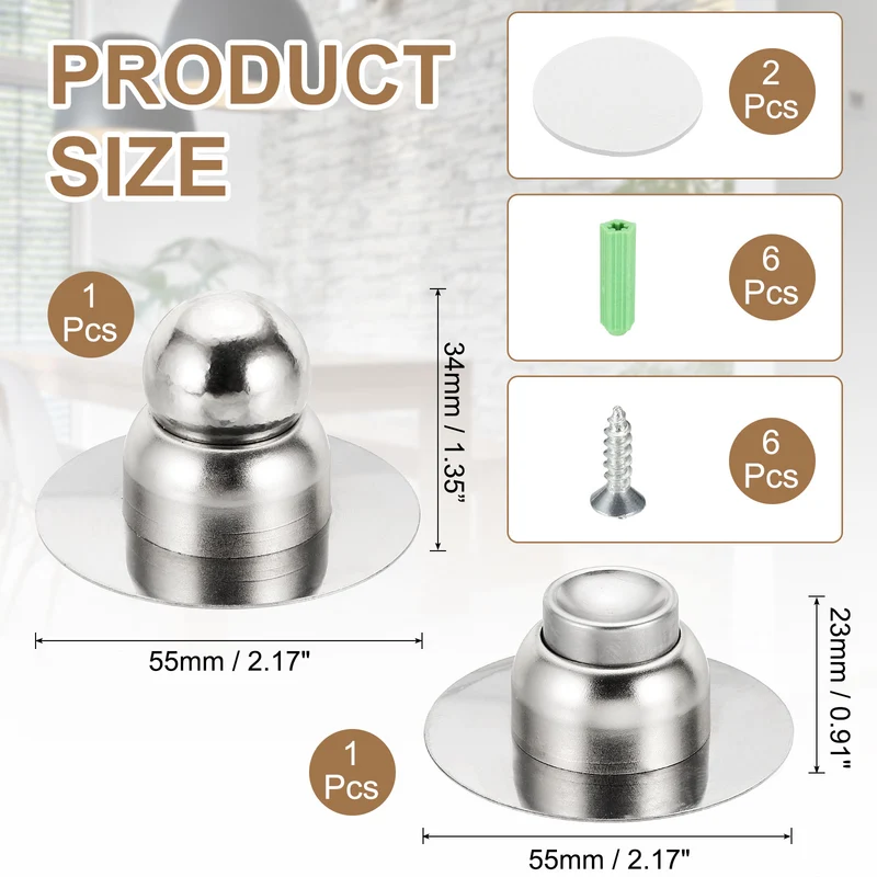 2.1" Magnetic Door Stoppers, Wall Floor Mounted Door Catch Holder, Silver