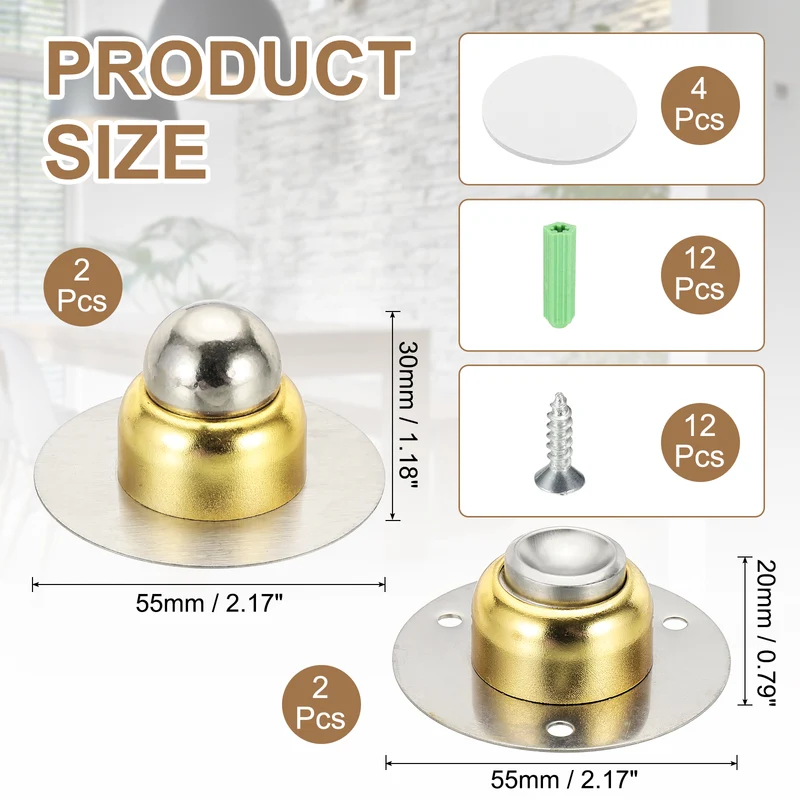 2PCS 1.9" Magnetic Door Stoppers Wall Floor Mounted Door Catch Holder Gold
