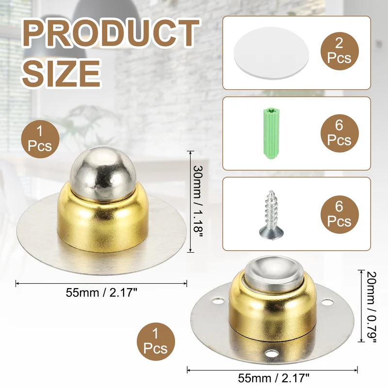 1.9" Magnetic Door Stoppers, Wall Floor Mounted Door Catch Holder, Gold