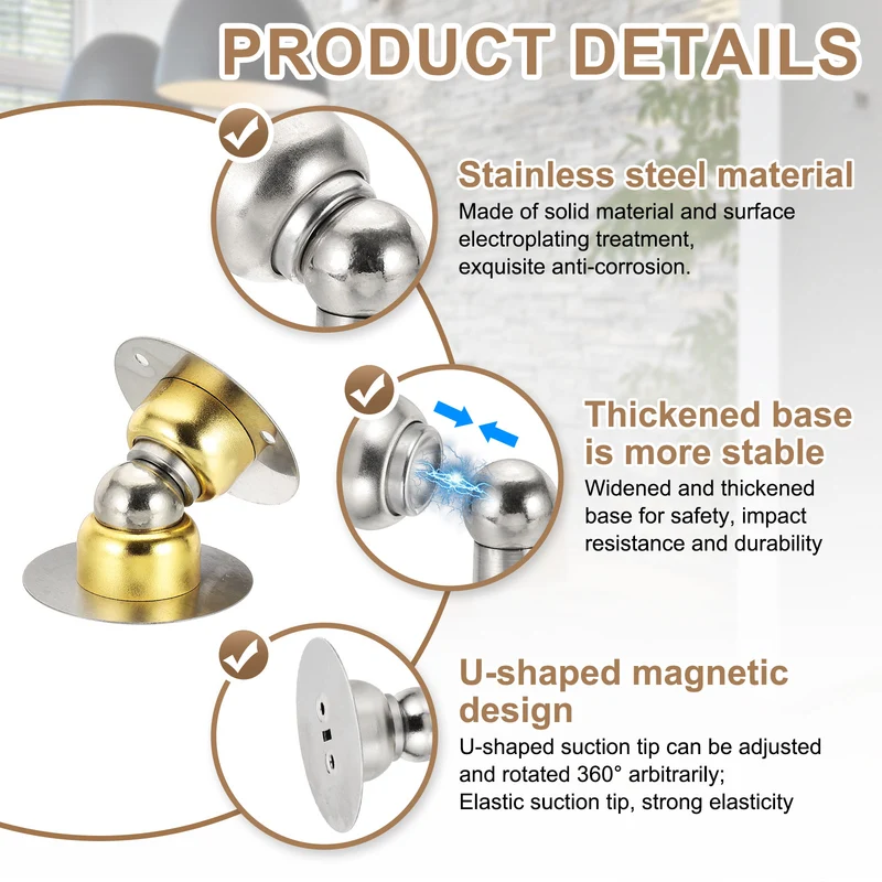 1.9" Magnetic Door Stoppers, Wall Floor Mounted Door Catch Holder, Gold