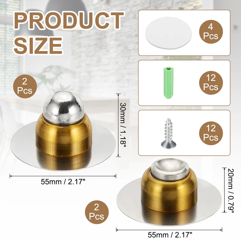 2PCS 1.9" Magnetic Door Stoppers, Wall Floor Mounted Door Catch Holder, Brass
