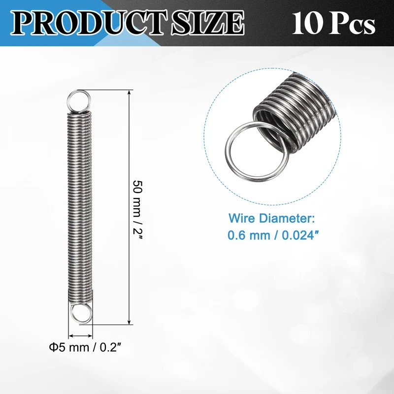 Extension Spring 10pcs Wire Dia 0.024" OD 0.2" Free Length 2"