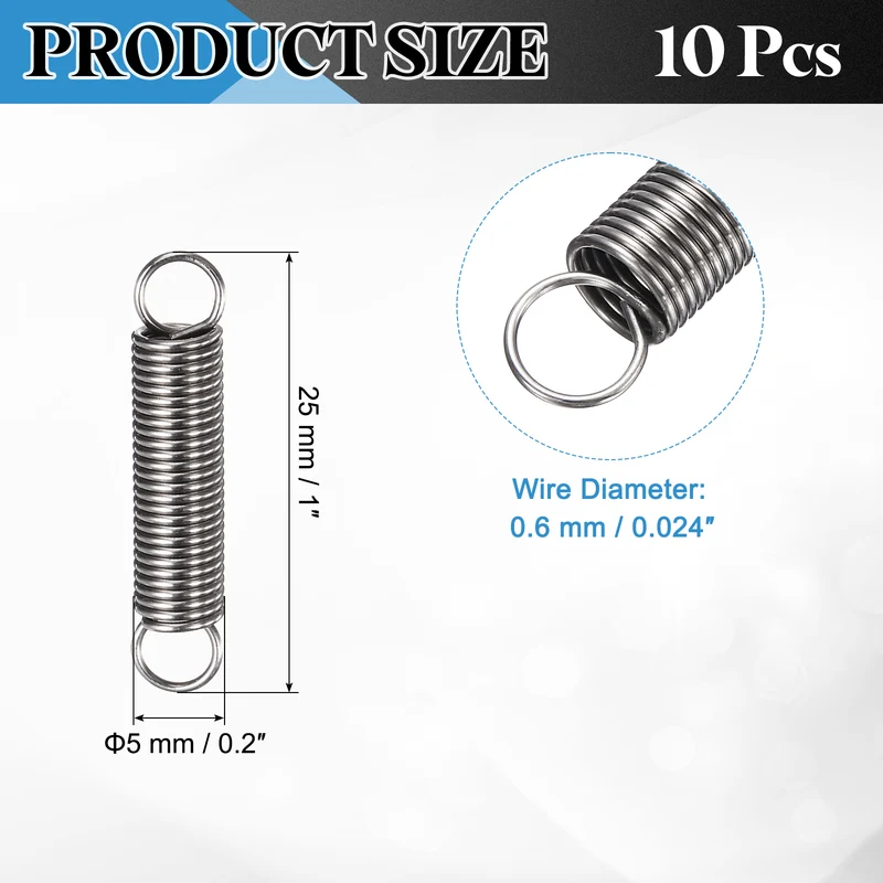 Extension Spring 10pcs Wire Dia 0.024" OD 0.2" Free Length 1"