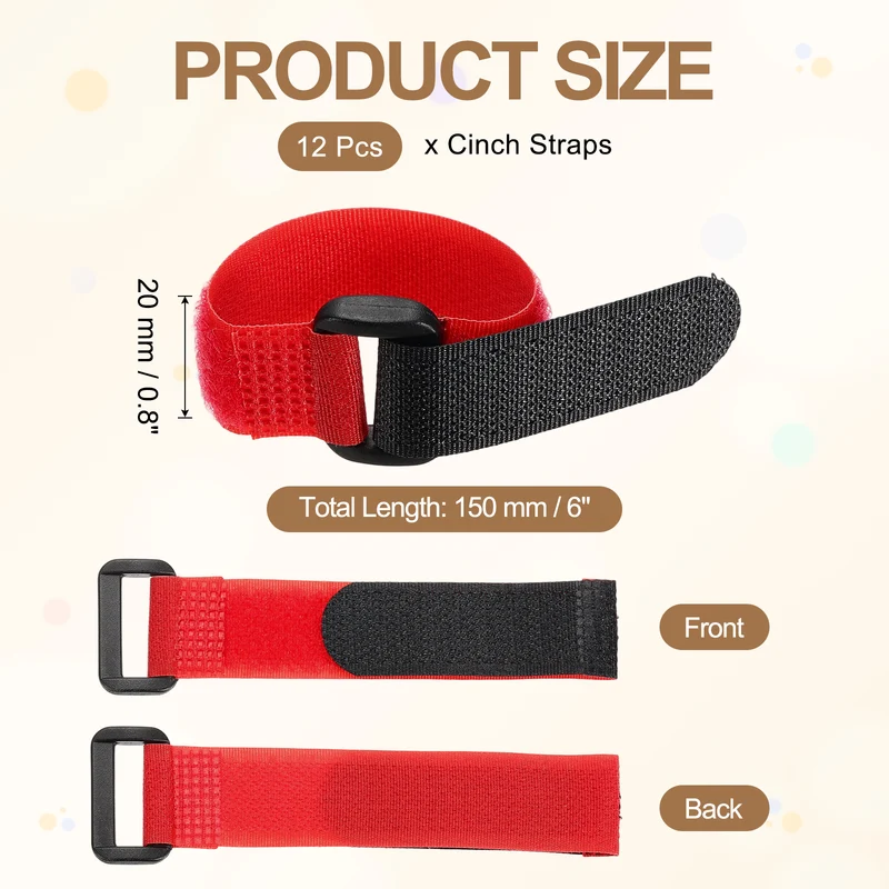 12Pcs 0.8"x6" Reusable Cinch Strap Hook and Loop Cable Securing Strap Red