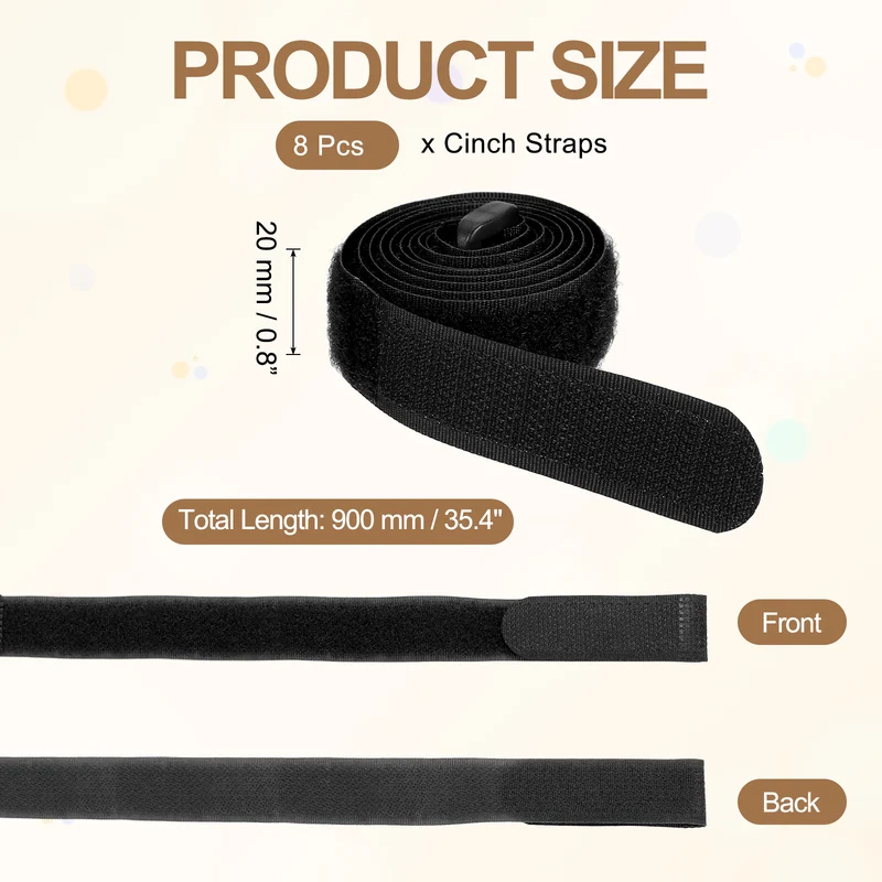 8Pcs 0.8"x35.4" Reusable Cinch Strap Hook and Loop Cable Securing Strap Black
