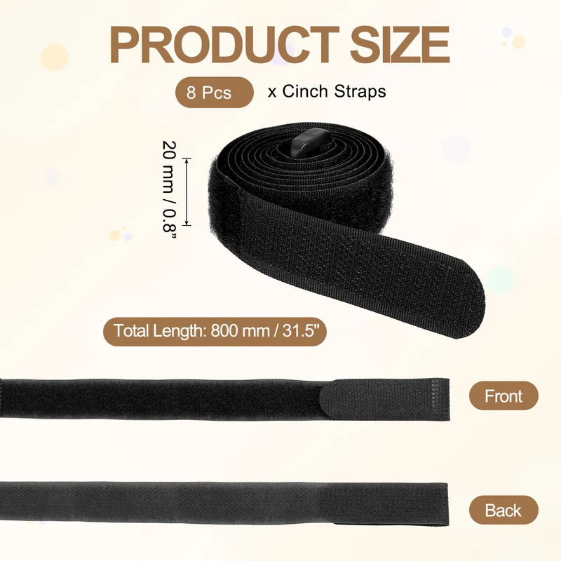 8Pcs 0.8"x31.5" Reusable Cinch Strap Hook and Loop Cable Securing Strap Black