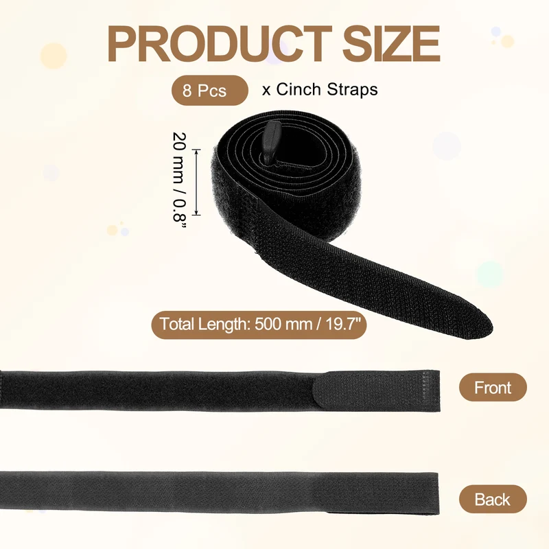 8Pcs 0.8"x19.7" Reusable Cinch Strap Hook and Loop Cable Securing Strap Black
